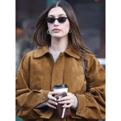 Street Style Hailey Bieber Brown Suede Jacket